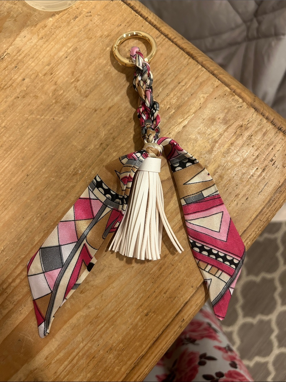 Silk-Trim Tassel Bag Charm in Pink and Cream